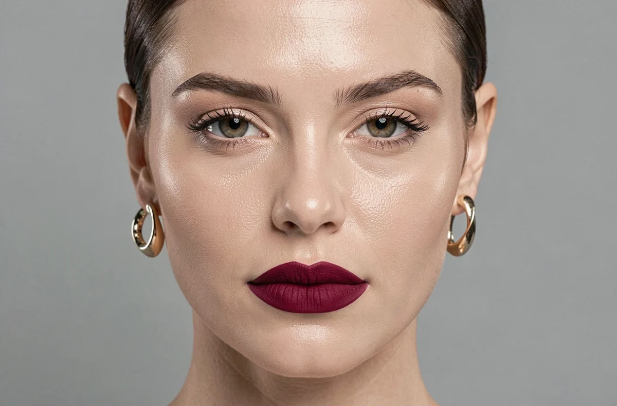Portrait beauté luxueux d'une femme aux lèvres bordeaux et boucles d'oreilles sculptées en or sur fond gris