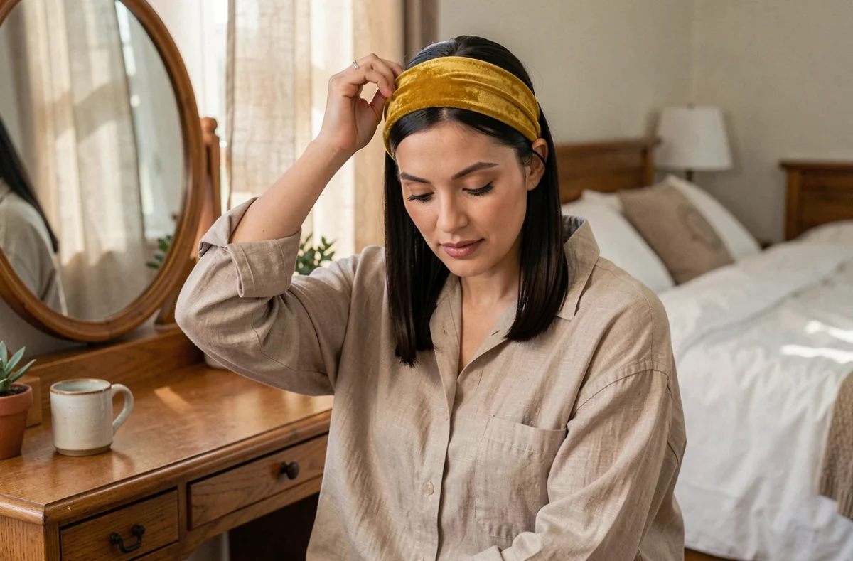 Femme aux cheveux mi-longs lisses en train de poser un bandeau velours jaune moutarde devant une coiffeuse en bois dans une chambre cosy