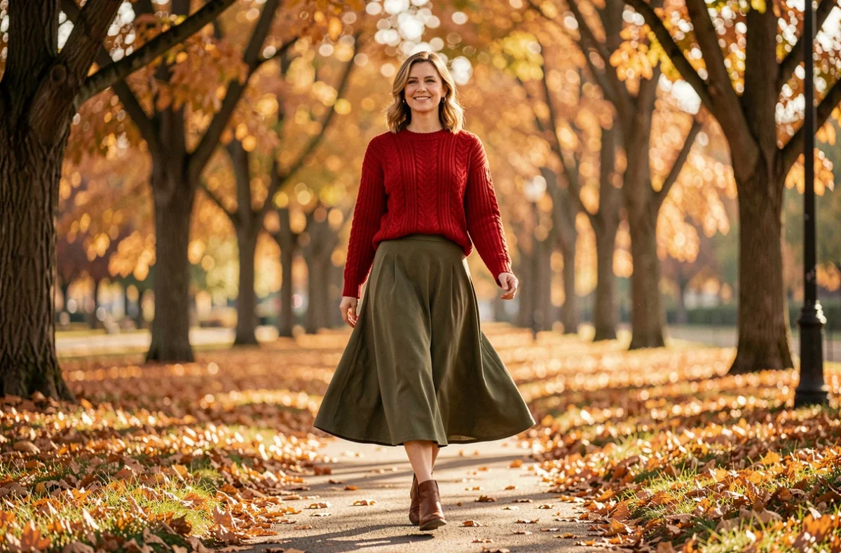 Femme en pull rouge et jupe vert kaki marchant dans un parc en automne, association de couleurs rouge et vert olive