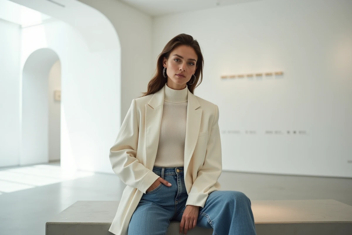 Femme en pull sans manche ivoire sous blazer lin avec jean large taille haute, assise dans un musée d'art moderne