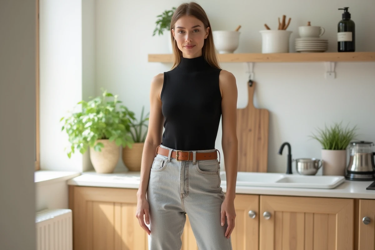 Femme en pull sans manche noir et jean taille haute stone wash dans une cuisine scandinave lumineuse