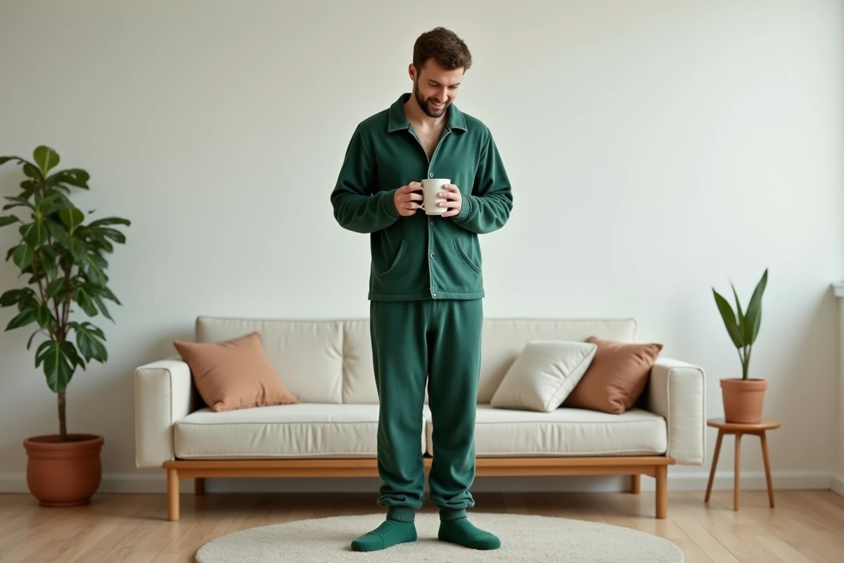 Homme portant une grenouillère tendance vert forêt en coton côtelé dans un salon scandinave moderne