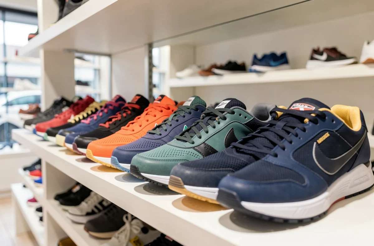 Rangée de chaussures de plusieurs marques alignées sur une étagère de magasin
