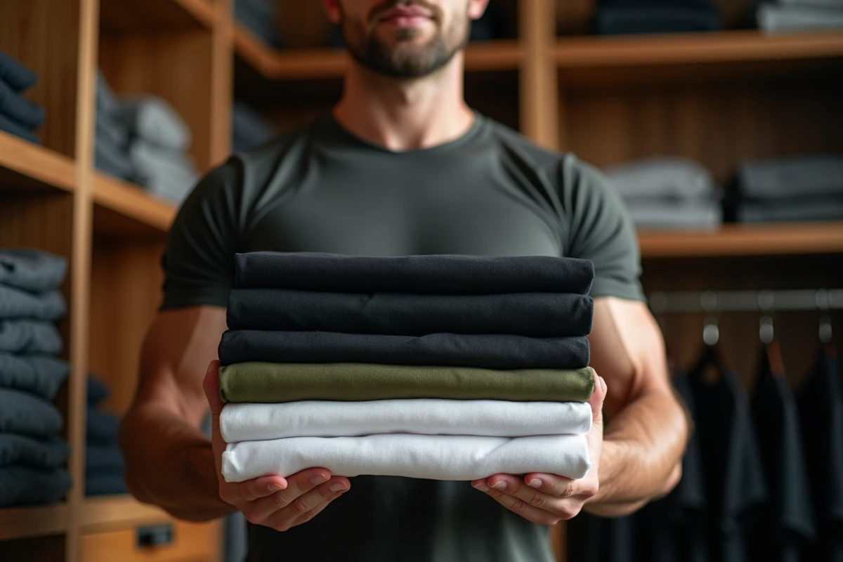 Homme rangeant des t-shirts de CrossFit pliés et bien entretenus dans une armoire ouverte en bois