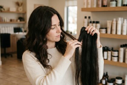 Femme comparant des extensions de cheveux à ses propres cheveux dans un salon de coiffure
