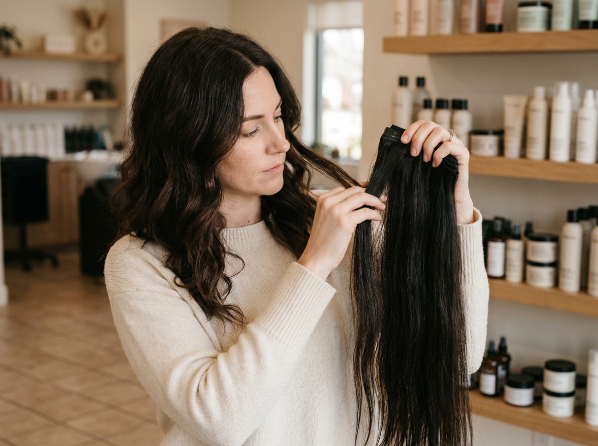Femme comparant des extensions de cheveux à ses propres cheveux dans un salon de coiffure