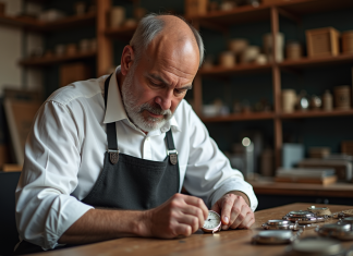 Montres 4 : pourquoi le 4 est-il important dans l’horlogerie ? Horloger homme examinant un cadran de montre ancienne