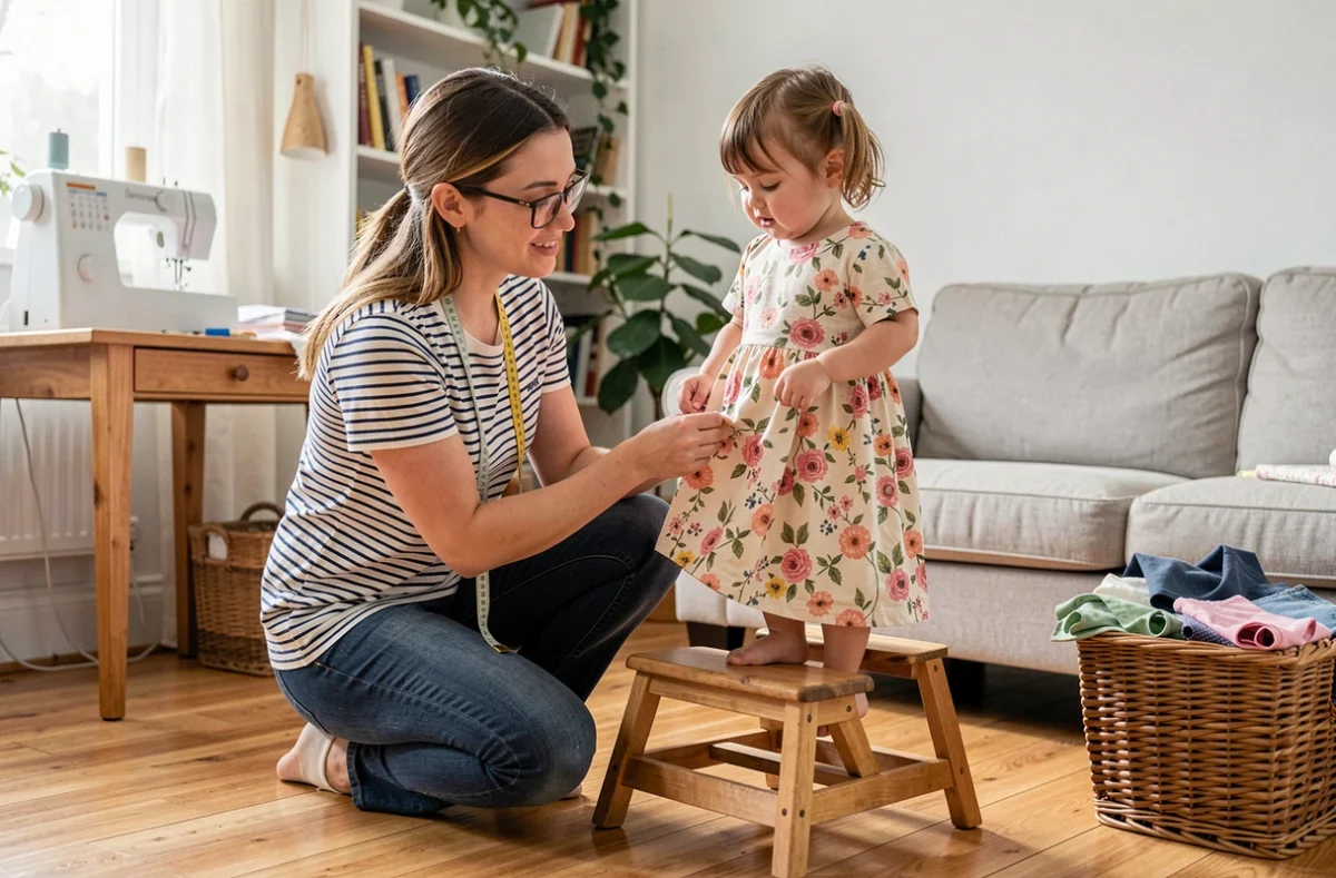 Couturière ajustant l'ourlet d'une robe fleurie pour une petite fille debout sur un marchepied en bois, dans un salon aménagé en atelier de retouche