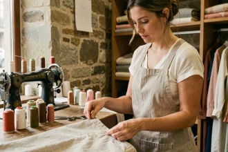 Retoucheuse concentrée examinant une robe épinglée dans une boutique de retouches à Toulouse