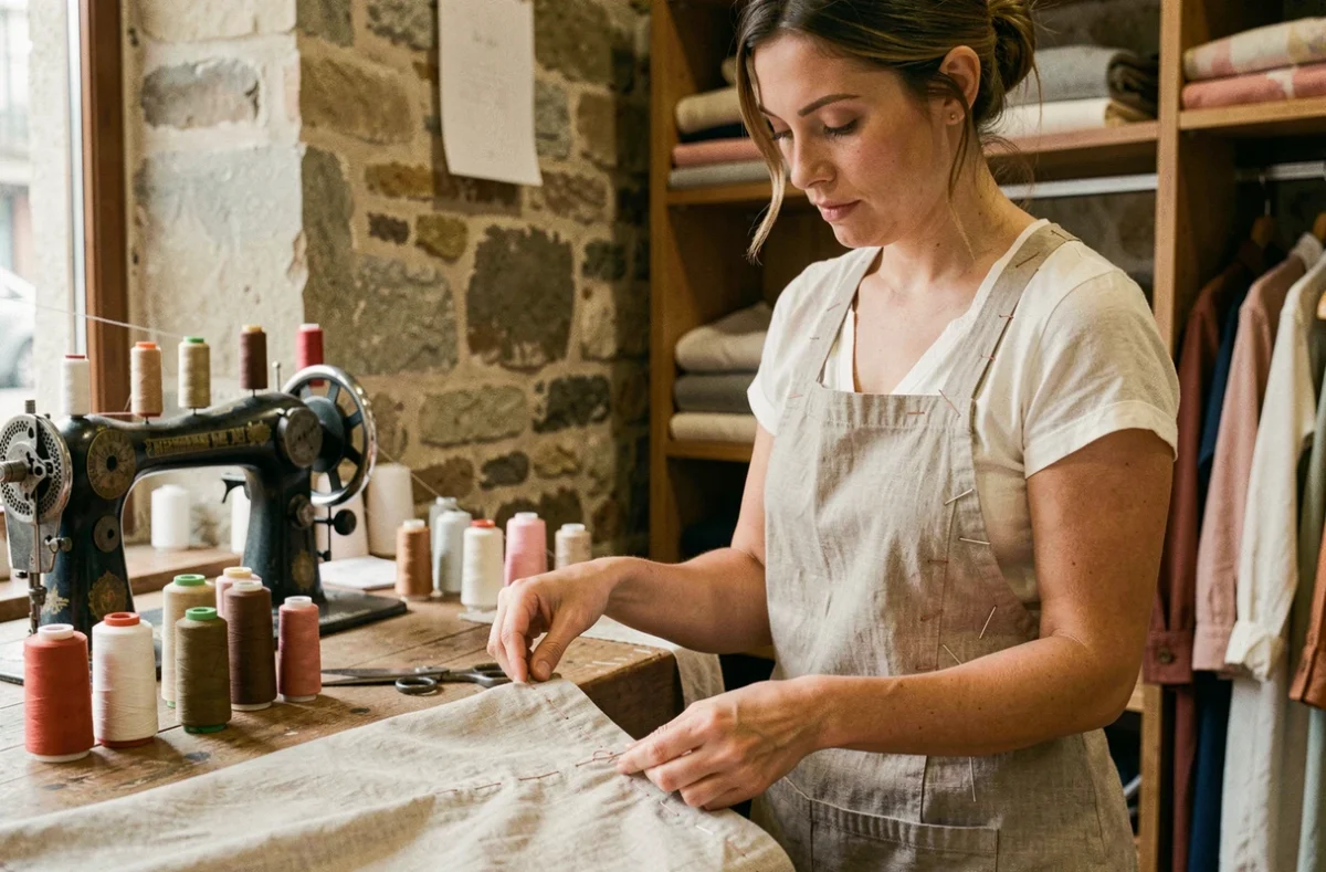 Retoucheuse concentrée examinant une robe épinglée dans une boutique de retouches à Toulouse