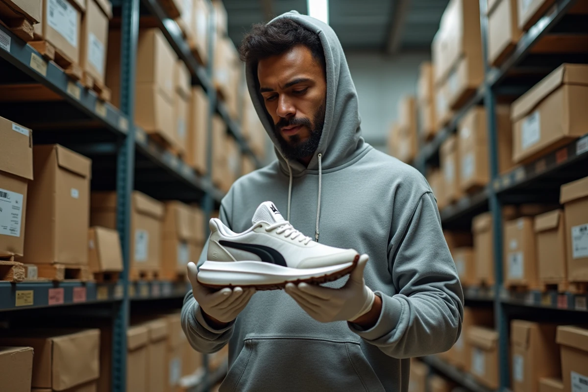Revendeur de sneakers inspectant une paire ultra-rare dans une salle de stockage remplie de boîtes à chaussures originales
