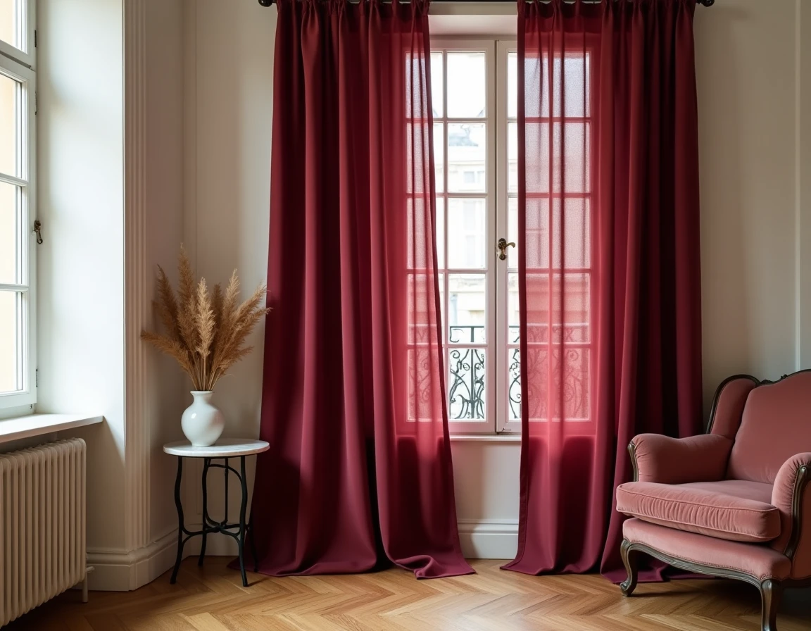 Rideau en polyester teint en bordeaux installé dans un salon de style parisien avec parquet en chêne