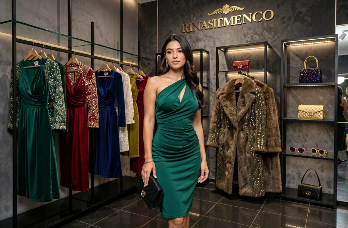 Boutique Rinascimento avec des robes féminines glamour aux tons bijoux dans une ambiance italienne sophistiquée