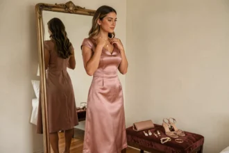 Femme en robe d'anniversaire rose midi devant un miroir vintage, accessoirisée d'un collier doré et d'escarpins élégants