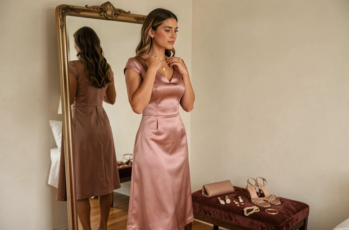 Femme en robe d'anniversaire rose midi devant un miroir vintage, accessoirisée d'un collier doré et d'escarpins élégants