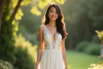 Demoiselle d'honneur en robe blanche longue et chic dans un jardin botanique verdoyant