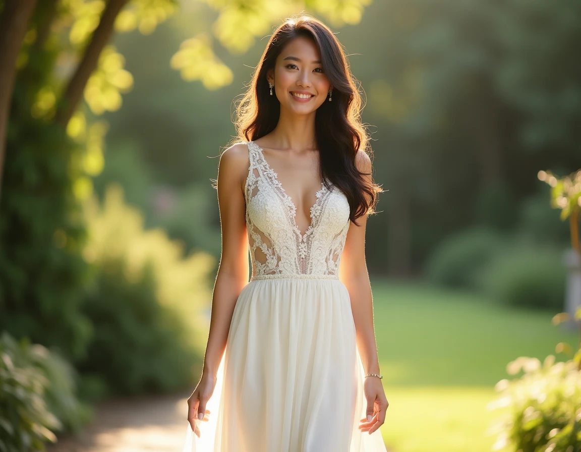 Demoiselle d'honneur en robe blanche longue et chic dans un jardin botanique verdoyant