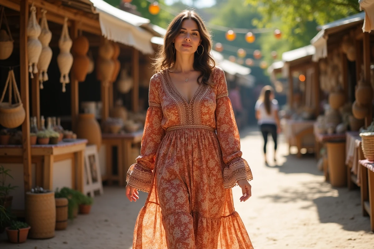 Femme aux courbes généreuses portant une robe maxi bohème en imprimé paisley terracotta sur un marché artisanal, illustrant les coupes hippies adaptées à la morphologie