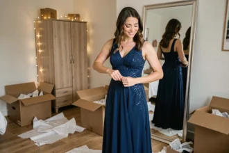 Femme essayant une robe de soirée bleue reçue en livraison pour le Nouvel An 2026, achetée en ligne