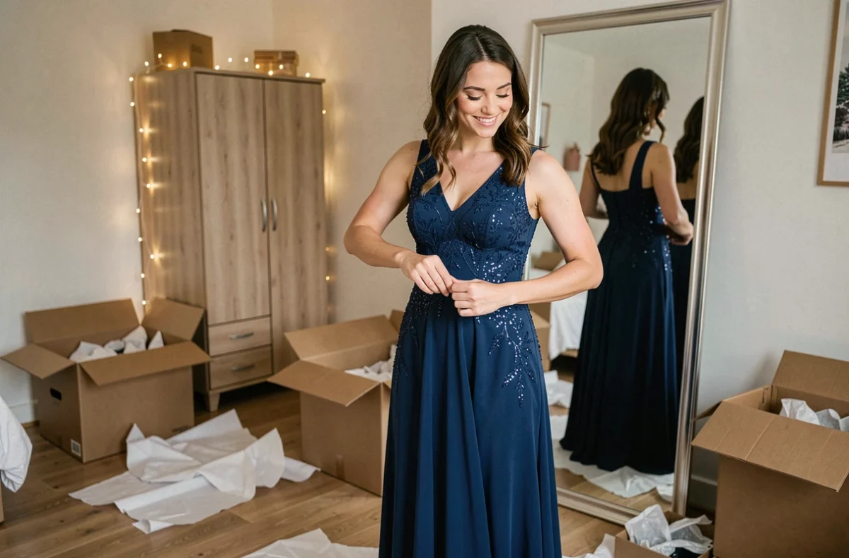 Femme essayant une robe de soirée bleue reçue en livraison pour le Nouvel An 2026, achetée en ligne