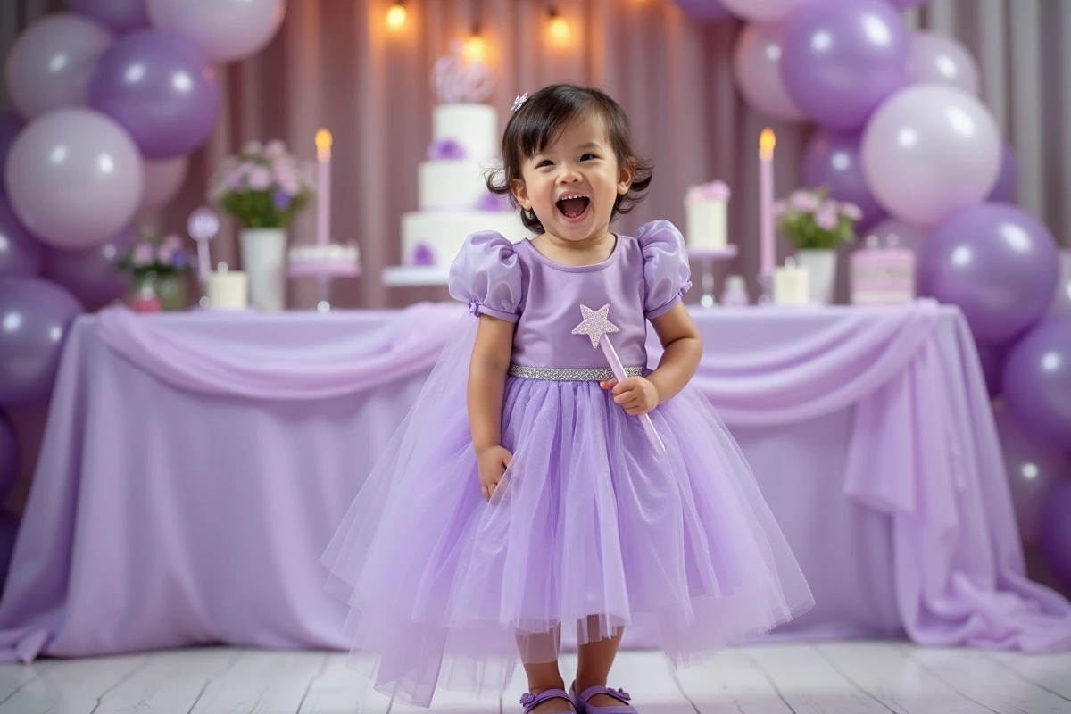 Petite fille de 3 ans en robe princesse lavande avec baguette magique et cape assortie lors d'un anniversaire décoré en violet pastel