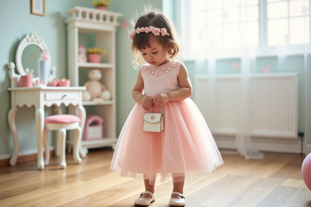Petite fille de 3 ans en robe princesse rose poudré avec serre-tête fleuri et sac assorti dans une chambre décorée en pastel
