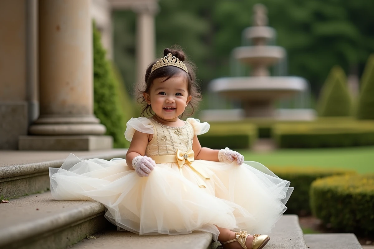 Fillette de 3 ans en robe de princesse ivoire et dorée avec tiare et ballerines dans un jardin classique européen