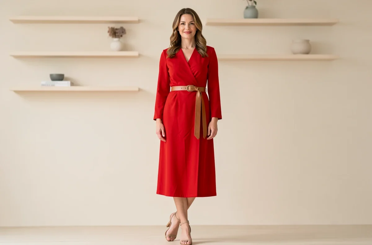 Femme en robe portefeuille rouge avec ceinture camel et sandales beiges en intérieur minimaliste, look rouge et beige femme