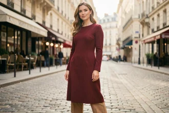 Femme portant une robe rouge associée à un pantalon camel dans une rue parisienne, look élégant rouge et camel