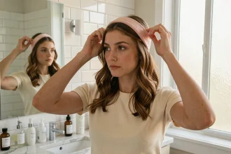 Jeune femme aux cheveux mi-longs tenant un bandeau cheveux rose avant de le poser, devant un miroir de salle de bain épuré
