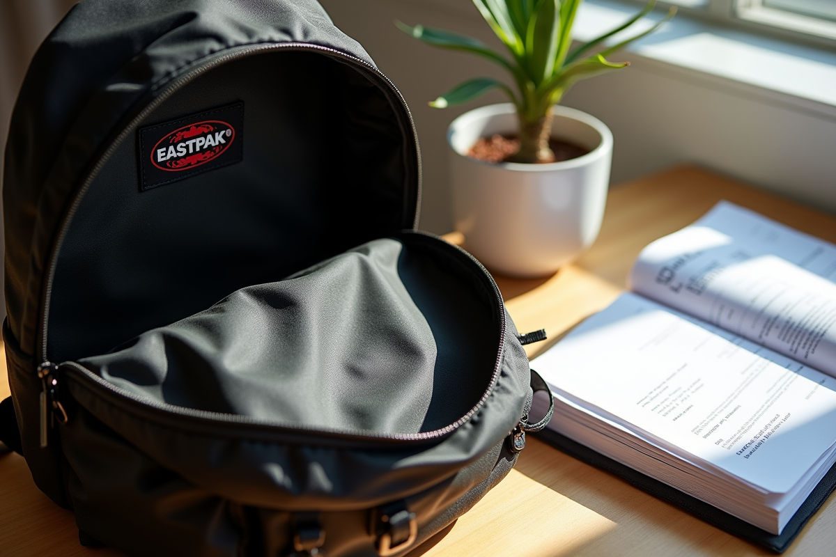 Sac Eastpak ouvert avec étiquette à côté de papiers de garantie
