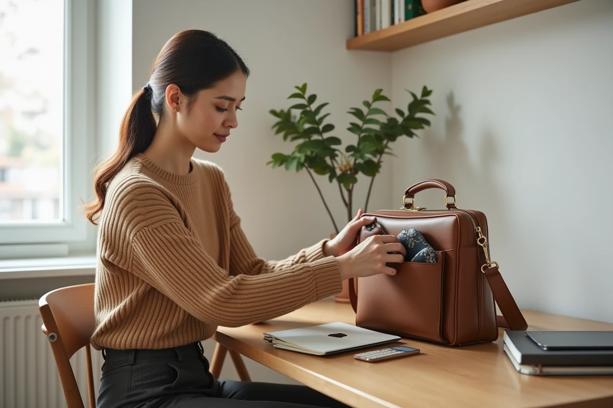 Femme organisant son sac de travail en cuir olive à son bureau à domicile, mettant en valeur praticité et esthétique