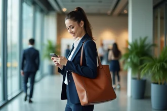 Femme professionnelle portant un sac cabas en cuir cognac dans un bureau moderne, alliant style et fonctionnalité