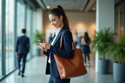 Femme professionnelle portant un sac cabas en cuir cognac dans un bureau moderne, alliant style et fonctionnalité