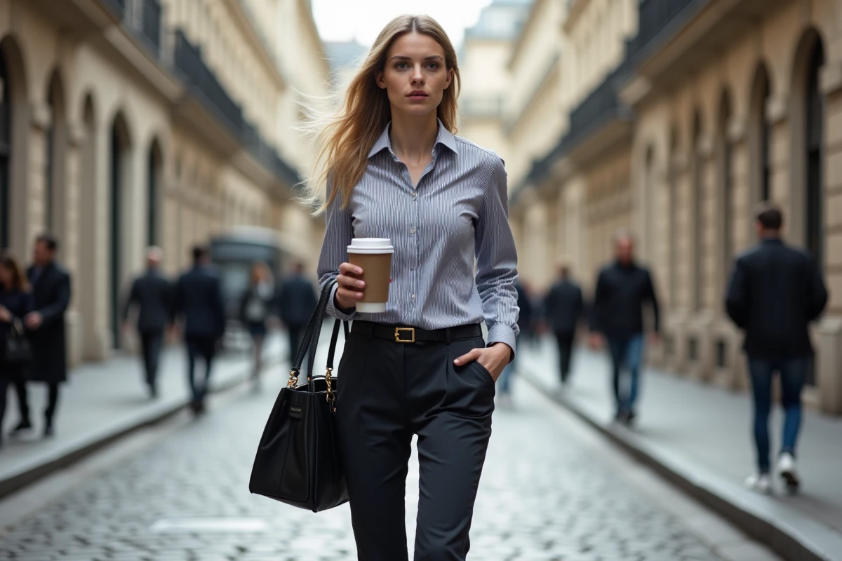 Femme élégante en tenue casual-chic marchant dans une rue parisienne avec un sac à main structuré noir pour le travail