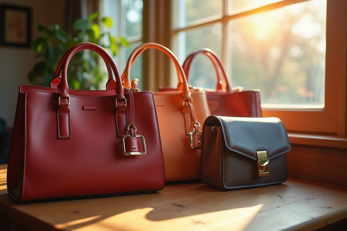 Arrangement de sacs à main sur une table en bois