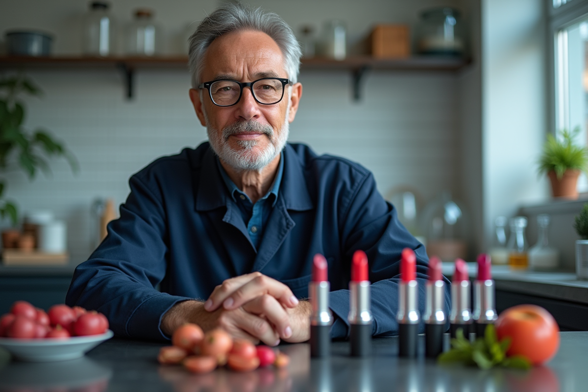 Scientifique présentant des rouges à lèvres et ingrédients naturels
