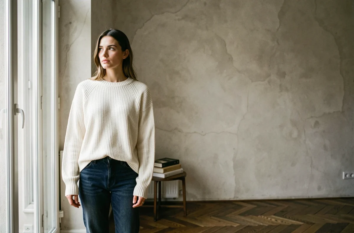 Femme en pull oversize photographiée dans un appartement haussmannien minimaliste, inspiration Anna Dray