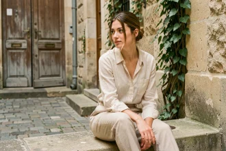 Jeune femme en tenue décontractée assise dans une cour parisienne en pierre, style shooting Anna Dray
