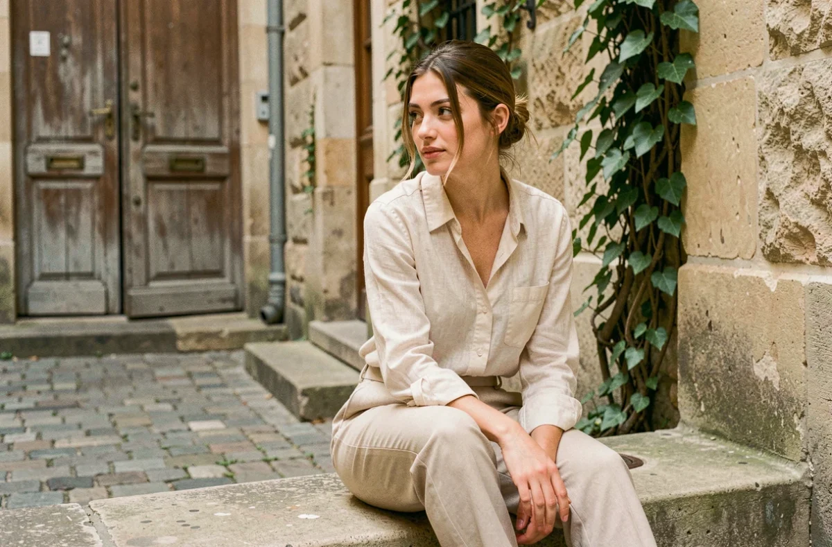 Jeune femme en tenue décontractée assise dans une cour parisienne en pierre, style shooting Anna Dray
