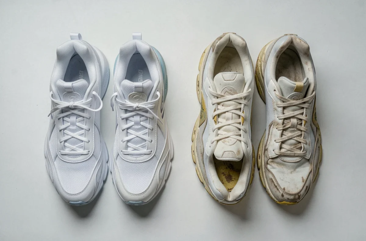 Comparaison côte à côte d'une Nike Shox neuve et usée révélant les signes d'usure invisibles dans les photos officielles