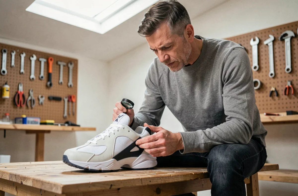 Passionné de sneakers examinant de près les détails cachés d'une Nike Shox dans un atelier minimaliste