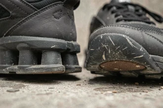 Gros plan sur la semelle à colonnes d'une basket Shox révélant les détails cachés du système d'amortissement