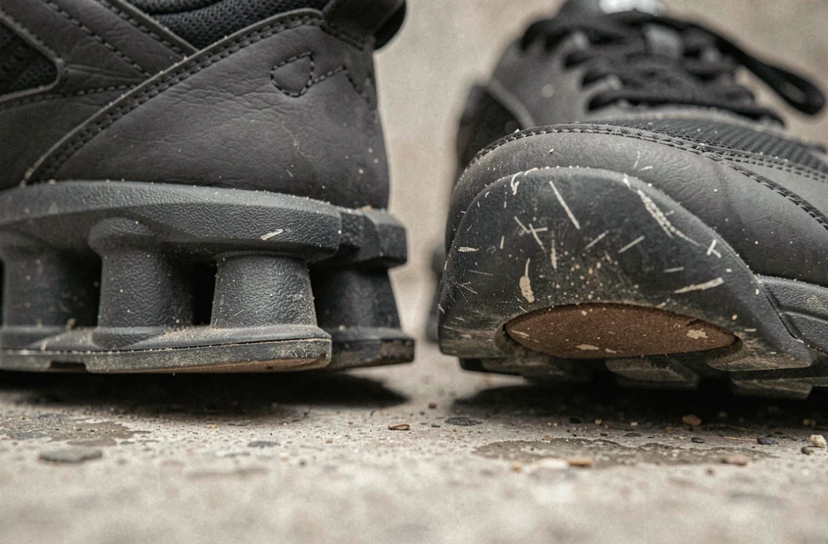 Gros plan sur la semelle à colonnes d'une basket Shox révélant les détails cachés du système d'amortissement