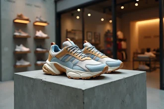 Paire de sneakers ultra-rares en édition limitée exposée sur un socle en béton dans une boutique de sneakers haut de gamme