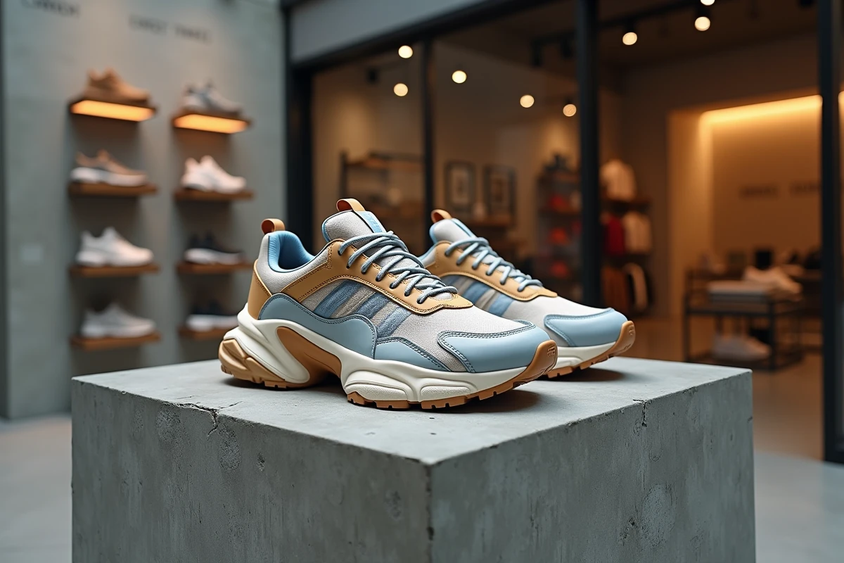 Paire de sneakers ultra-rares en édition limitée exposée sur un socle en béton dans une boutique de sneakers haut de gamme
