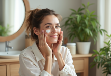 Conseils pour retrouver un teint éclatant : Astuces pour une peau lumineuse Femme appliquant une creme visage avec sourire naturel