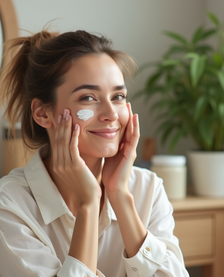 Femme appliquant une creme visage avec sourire naturel