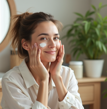 Conseils pour retrouver un teint éclatant : Astuces pour une peau lumineuse Femme appliquant une creme visage avec sourire naturel