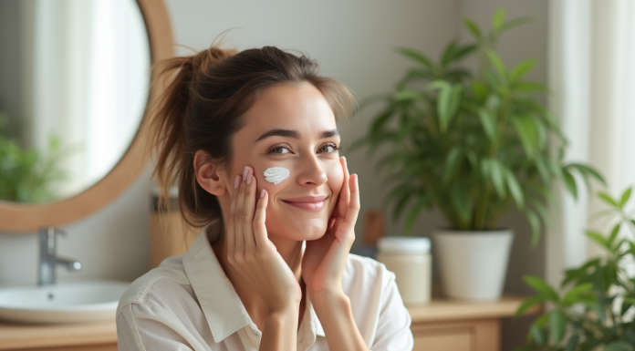Femme appliquant une creme visage avec sourire naturel